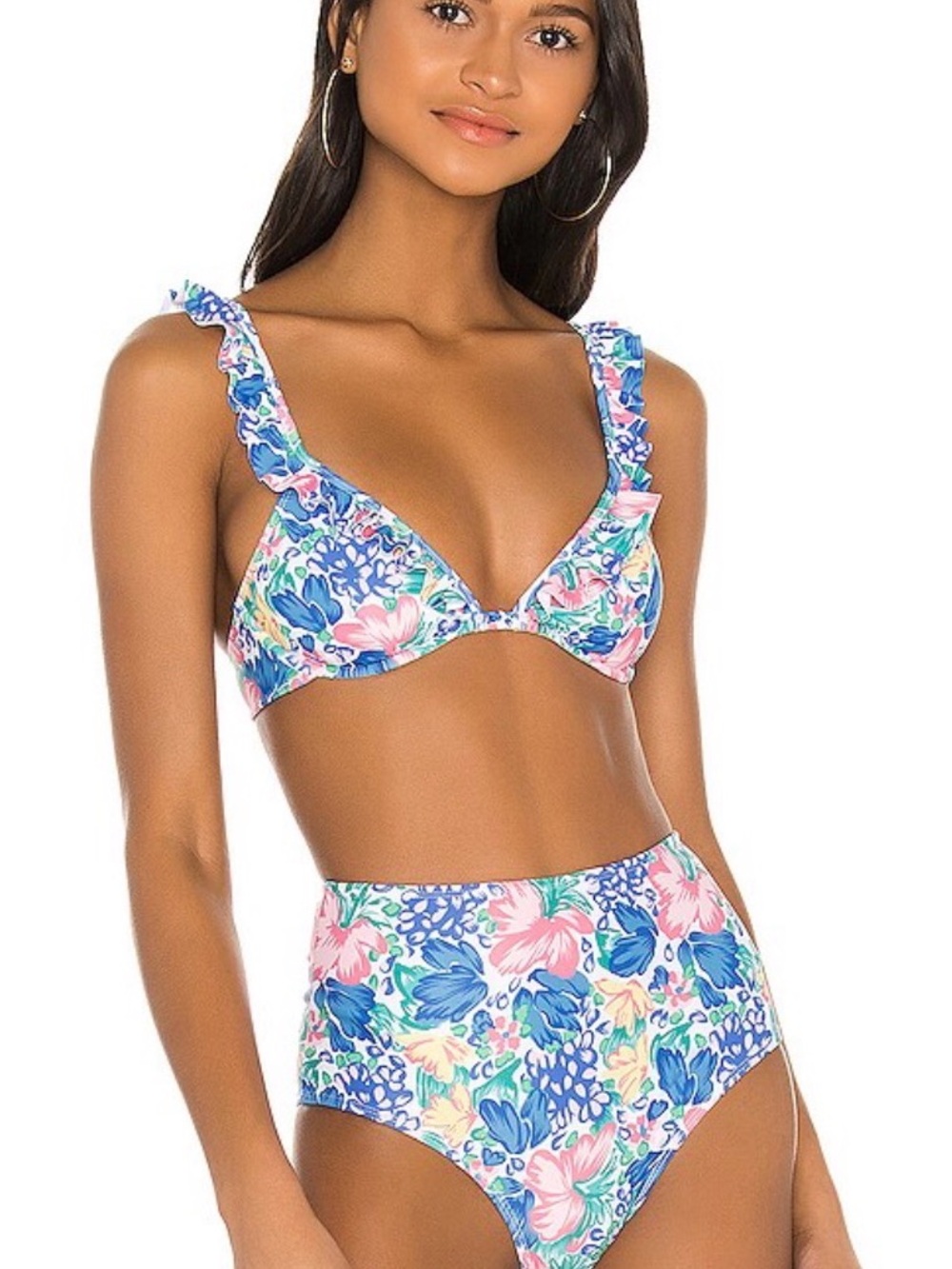 Faithful The Brand Ruffle-Shoulder Floral High-Waist Bikini in Blue & Pink